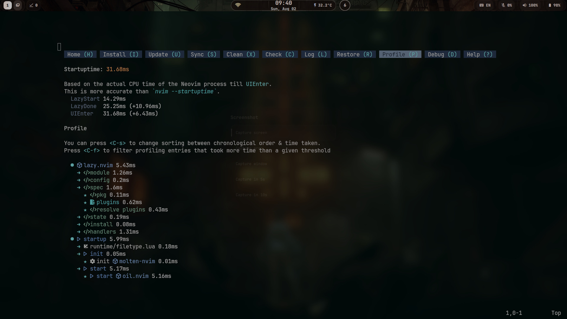 Neovim editor with the custom dark theme from the Hyprland setup