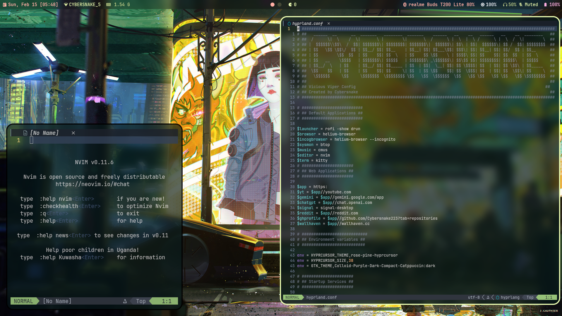 Hyprland workspace with Waybar and terminals